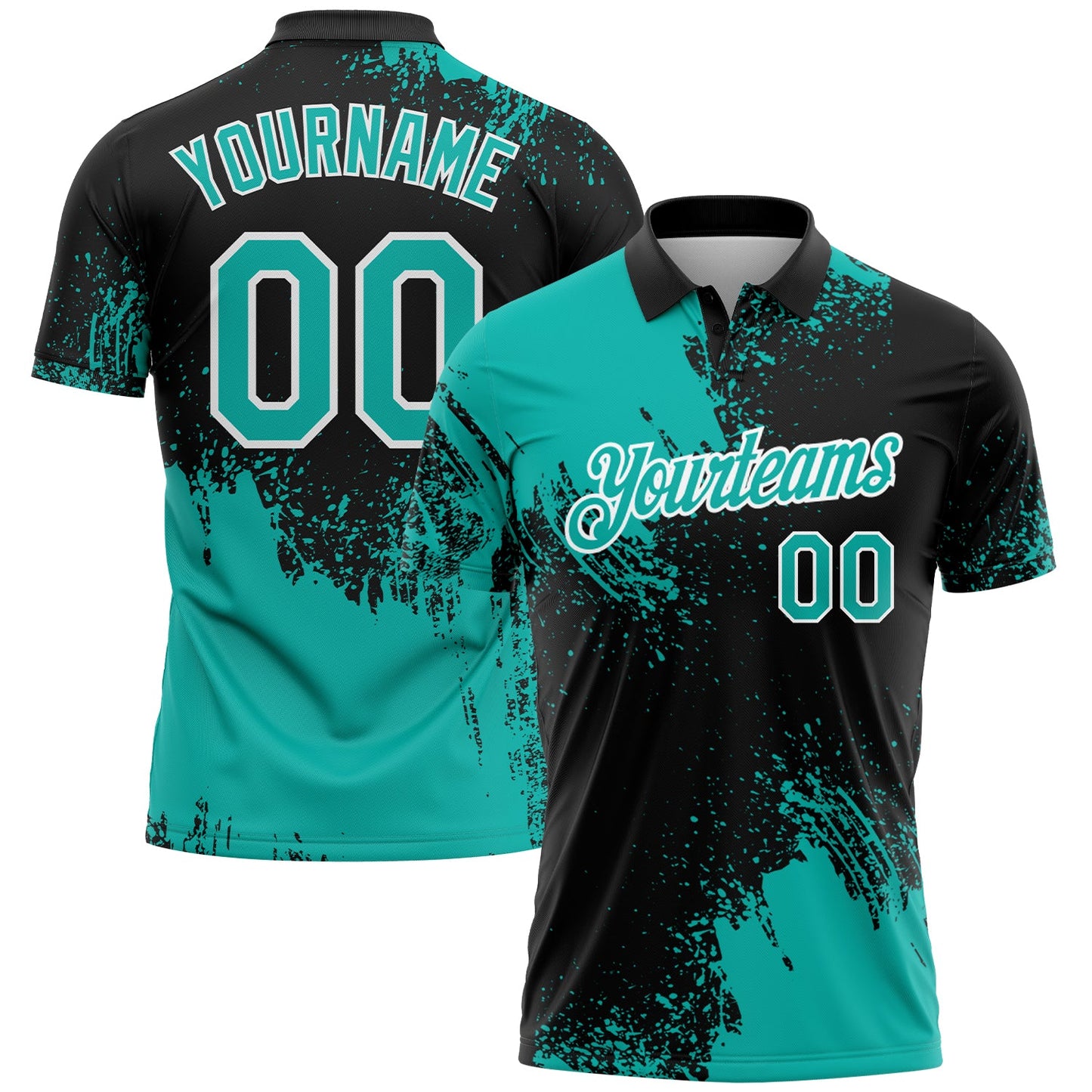 Custom Aqua Black-White 3D Pattern Design Abstract Brush Stroke Performance Polo Shirt - Main View