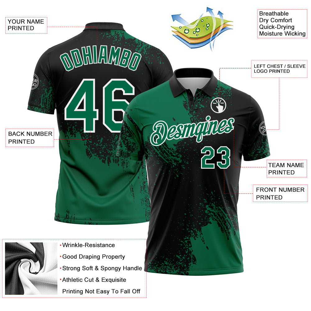 Custom Kelly Green Black-White 3D Pattern Design Abstract Brush Stroke Performance Polo Shirt view 3