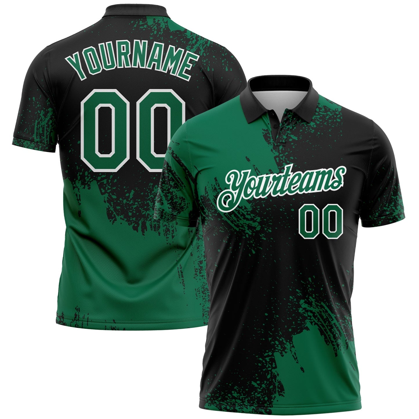 Custom Kelly Green Black-White 3D Pattern Design Abstract Brush Stroke Performance Polo Shirt - Main View