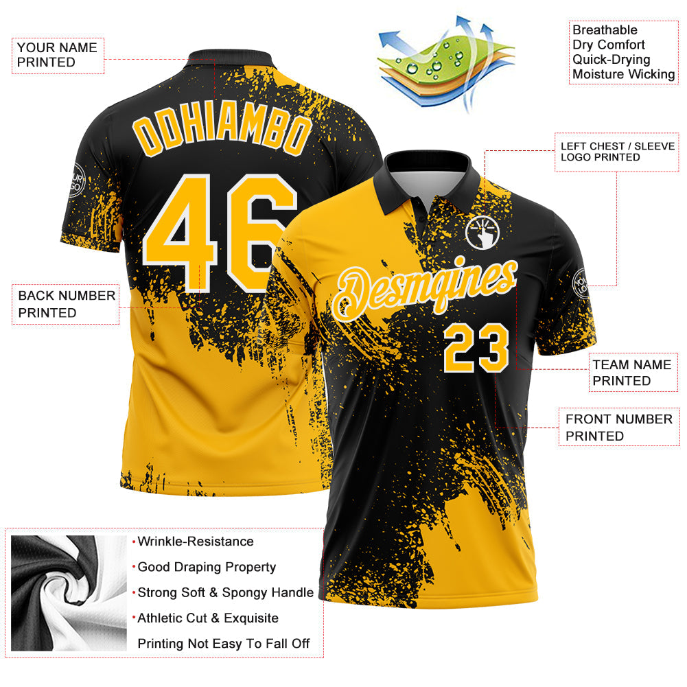 Custom Gold Black-White 3D Pattern Design Abstract Brush Stroke Performance Polo Shirt view 3