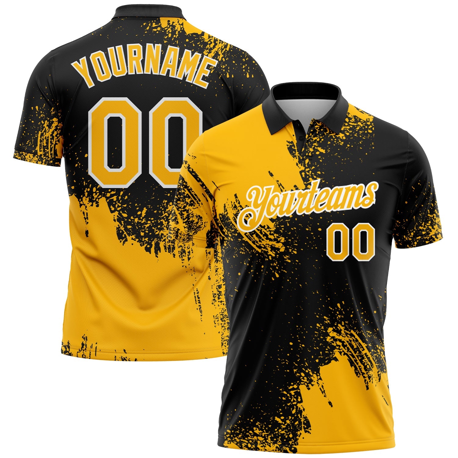 Custom Gold Black-White 3D Pattern Design Abstract Brush Stroke Performance Polo Shirt - Main View