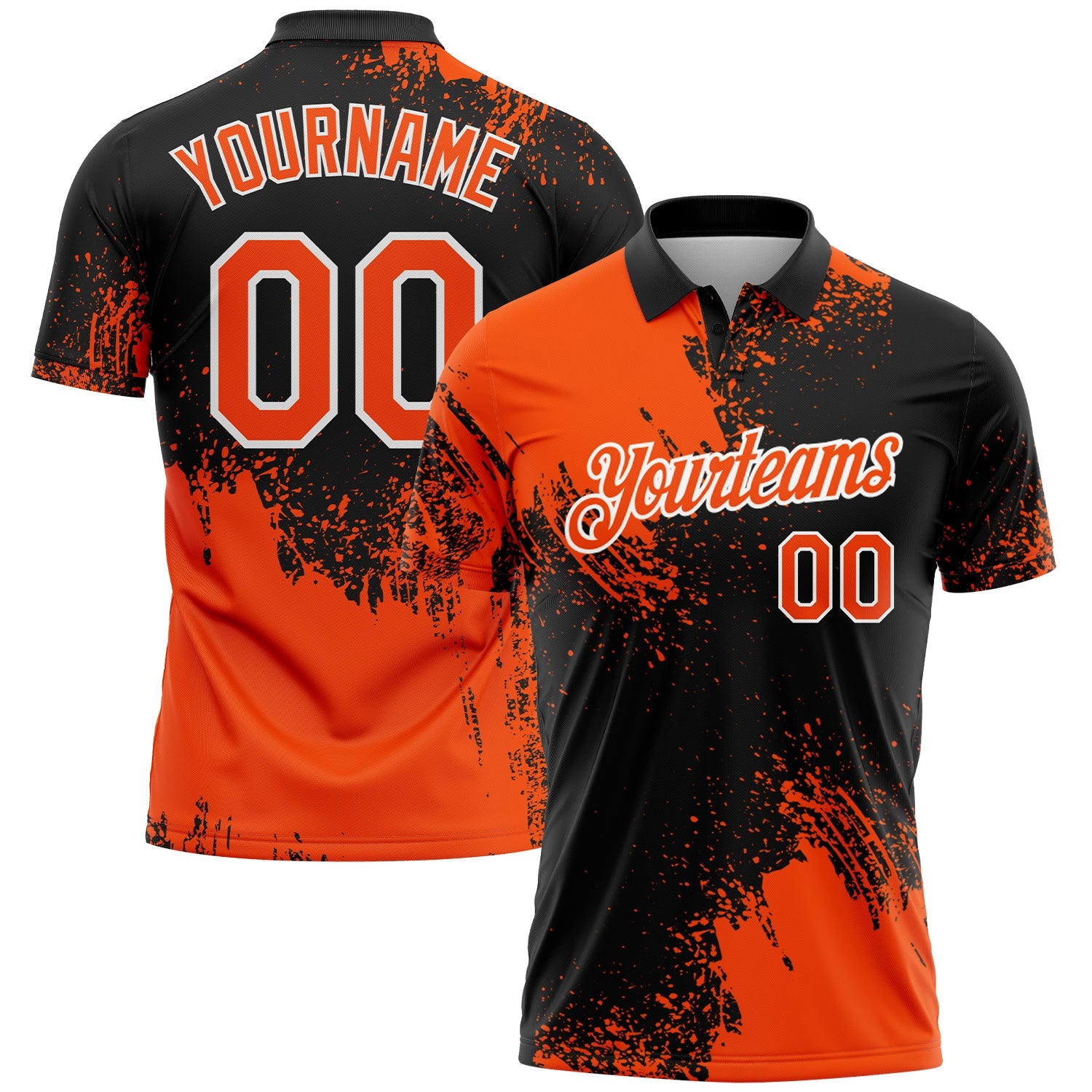 Custom Orange Black-White 3D Pattern Design Abstract Brush Stroke Performance Polo Shirt view 2