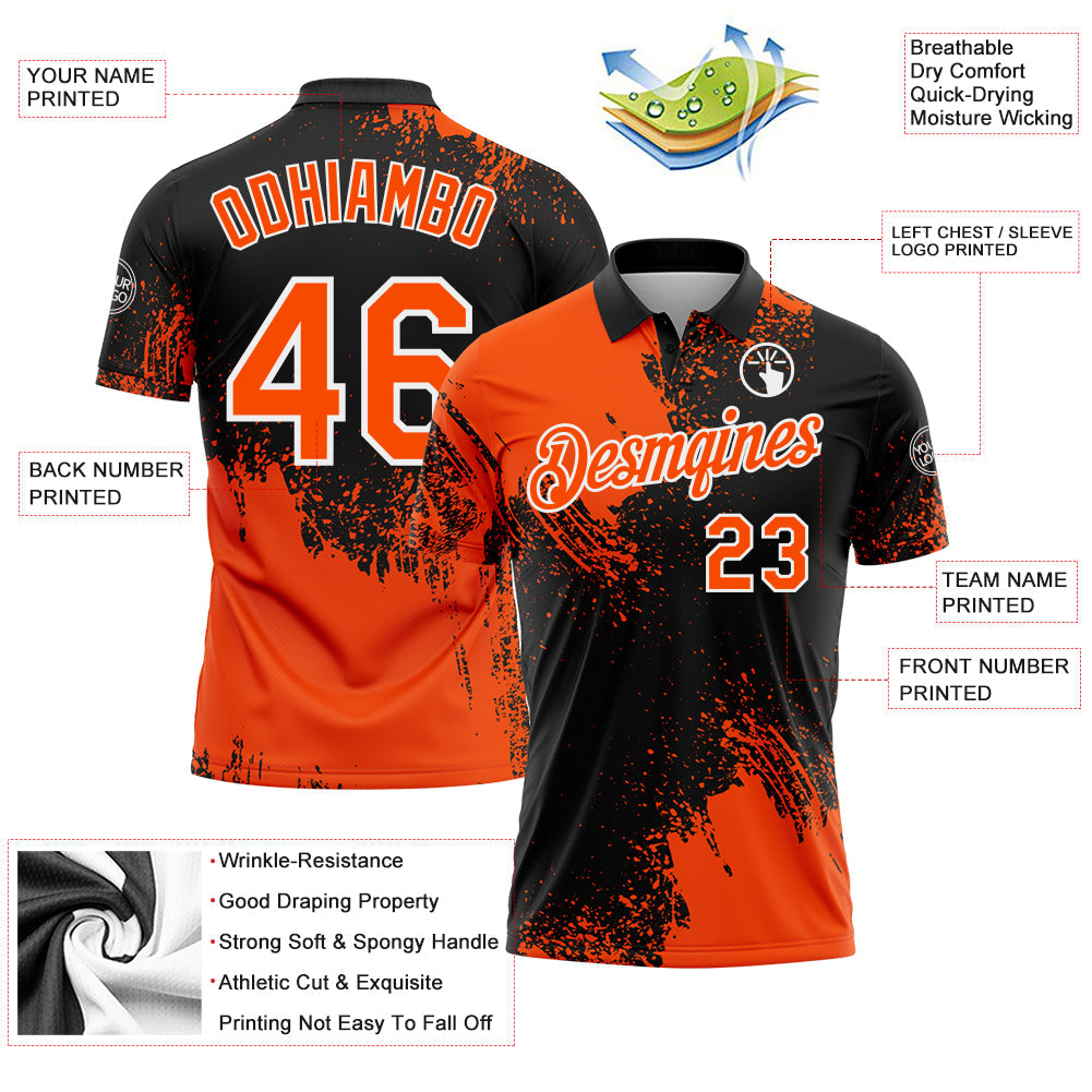 Custom Orange Black-White 3D Pattern Design Abstract Brush Stroke Performance Polo Shirt view 3
