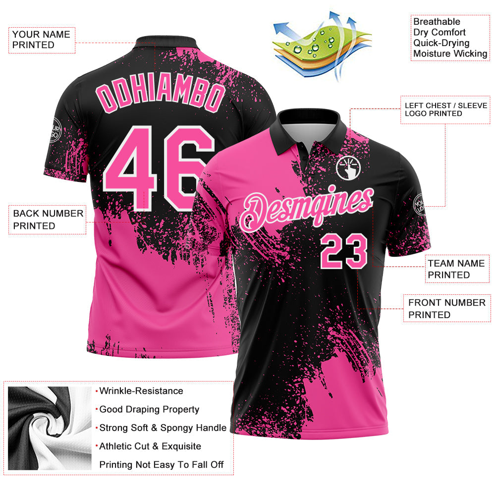 Custom Pink Black-White 3D Pattern Design Abstract Brush Stroke Performance Polo Shirt view 3