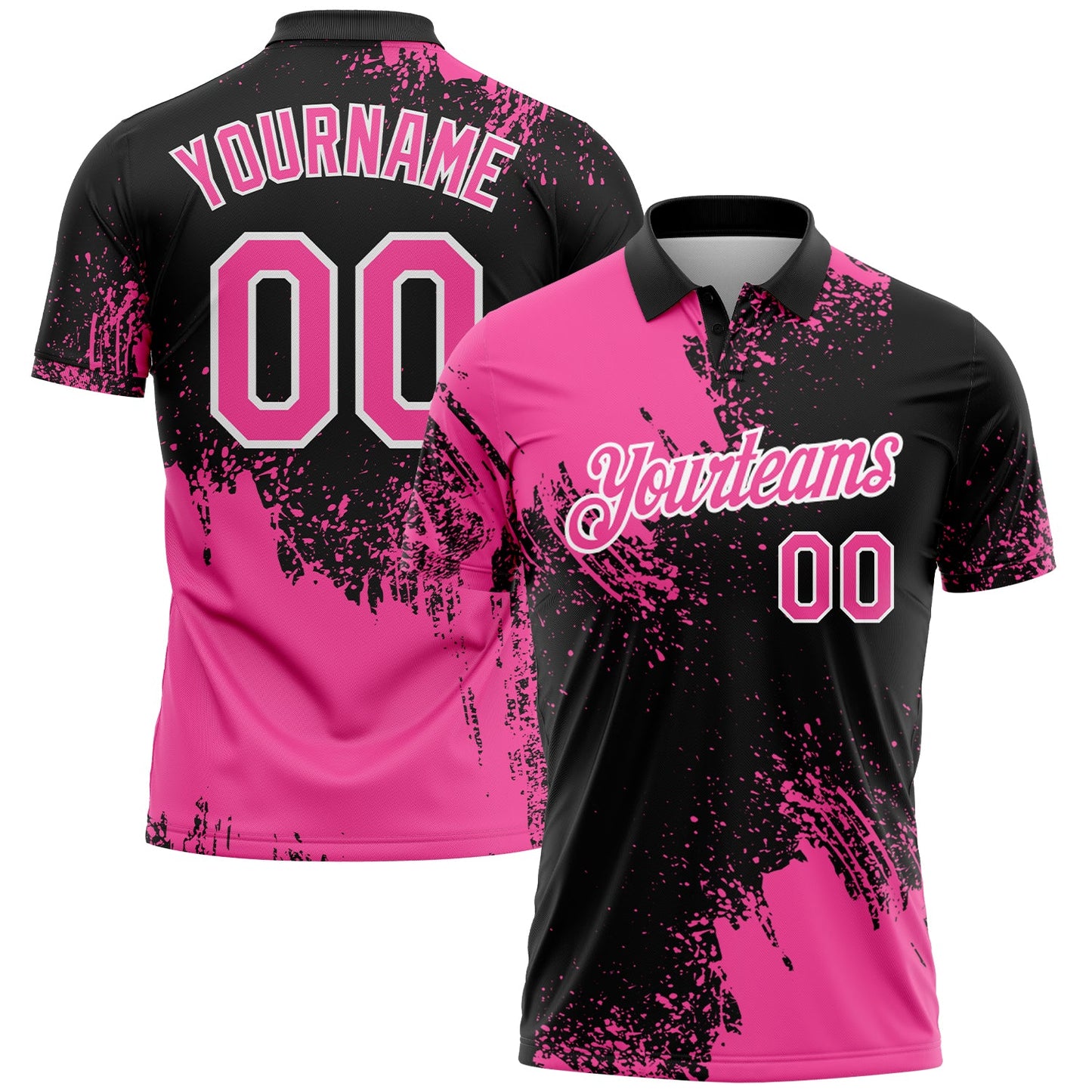 Custom Pink Black-White 3D Pattern Design Abstract Brush Stroke Performance Polo Shirt - Main View