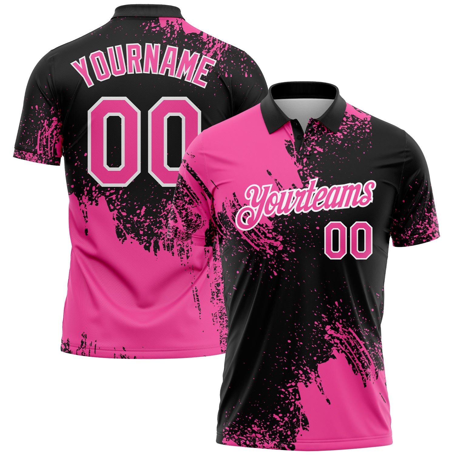 Custom Pink Black-White 3D Pattern Design Abstract Brush Stroke Performance Polo Shirt - Main View