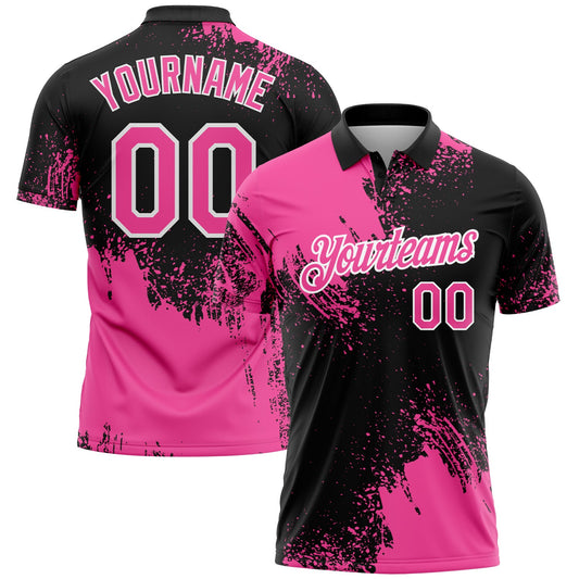 Custom Pink Black-White 3D Pattern Design Abstract Brush Stroke Performance Polo Shirt - Main View
