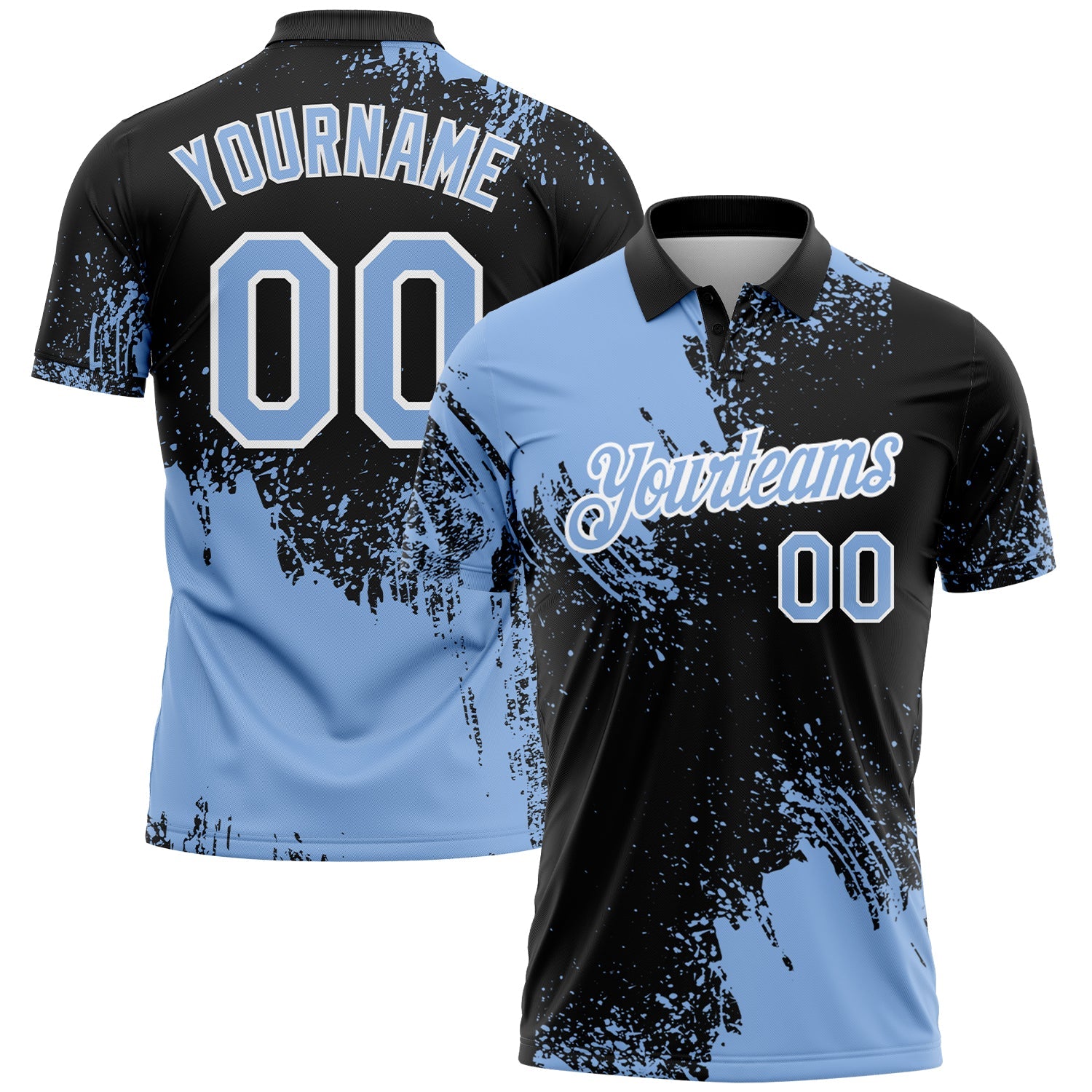 Custom Light Blue Black-White 3D Pattern Design Abstract Brush Stroke Performance Polo Shirt - Main View