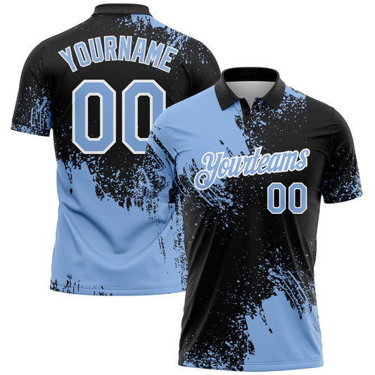 Custom Light Blue Black-White 3D Pattern Design Abstract Brush Stroke Performance Polo Shirt - Main View