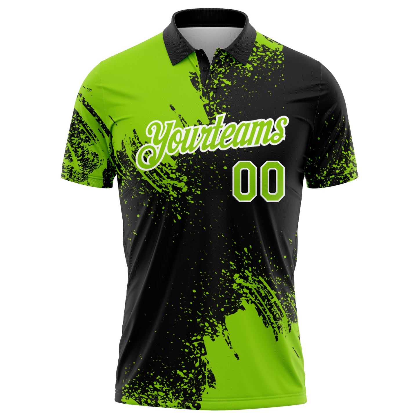 Custom Neon Green Black-White 3D Pattern Design Abstract Brush Stroke Performance Polo Shirt view 2