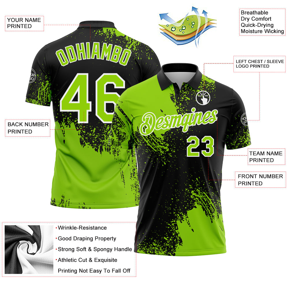 Custom Neon Green Black-White 3D Pattern Design Abstract Brush Stroke Performance Polo Shirt view 3