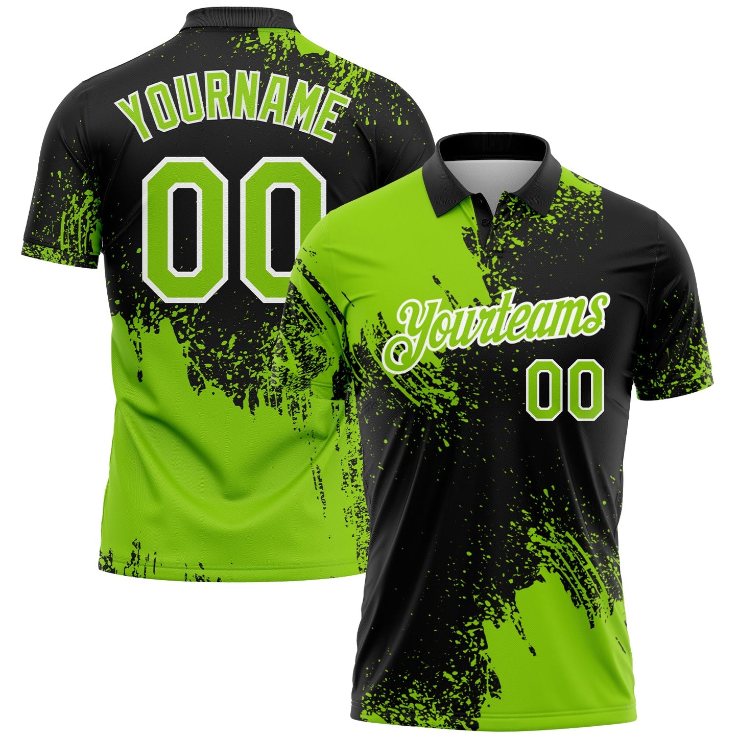 Custom Neon Green Black-White 3D Pattern Design Abstract Brush Stroke Performance Polo Shirt - Main View