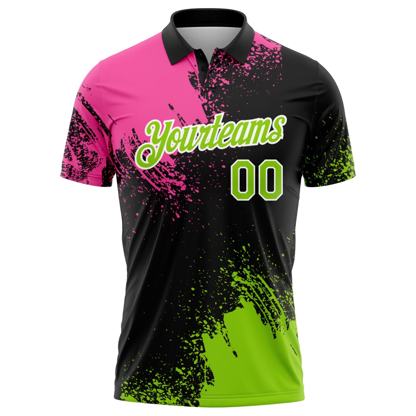 Custom Pink Neon Green-Black 3D Pattern Design Abstract Brush Stroke Performance Polo Shirt view 2