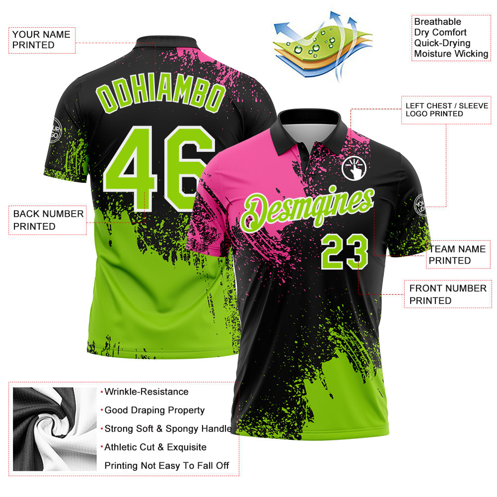 Custom Pink Neon Green-Black 3D Pattern Design Abstract Brush Stroke Performance Polo Shirt view 3