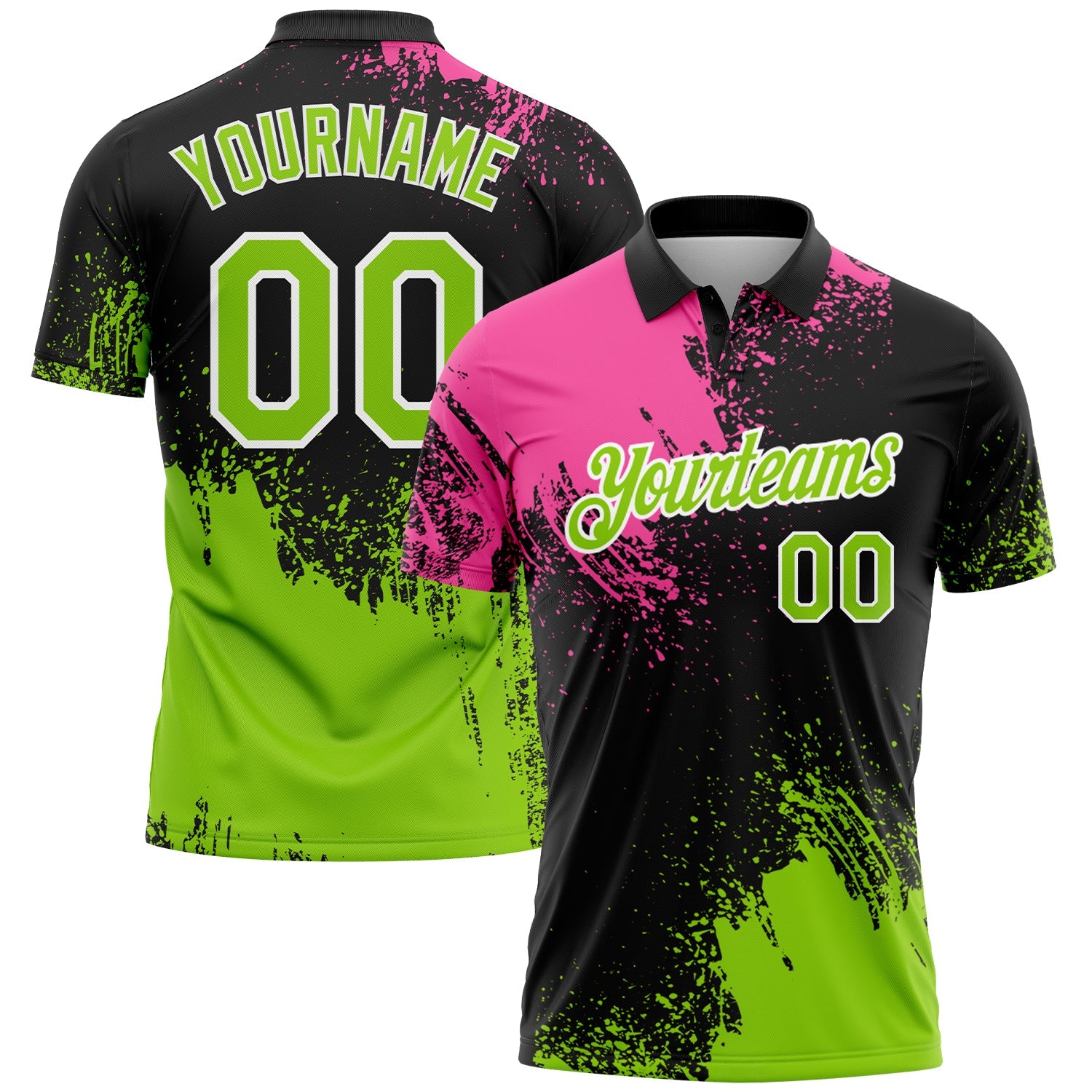 Custom Pink Neon Green-Black 3D Pattern Design Abstract Brush Stroke Performance Polo Shirt - Main View