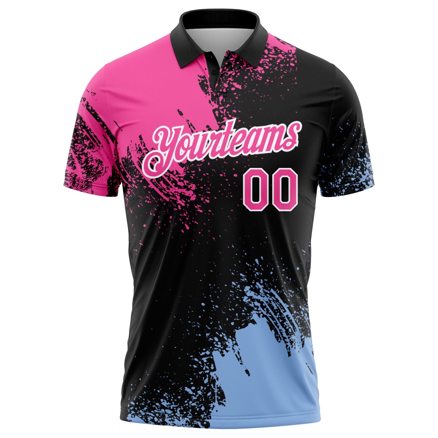 Custom Pink Black-Light Blue 3D Pattern Design Abstract Brush Stroke Performance Polo Shirt view 2