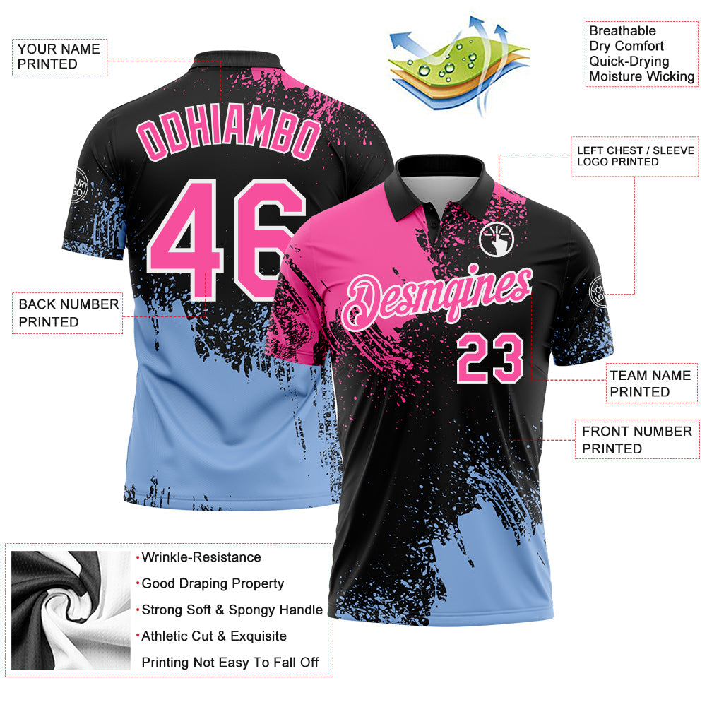 Custom Pink Black-Light Blue 3D Pattern Design Abstract Brush Stroke Performance Polo Shirt view 3