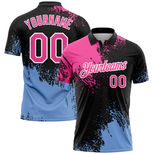 Custom Pink Black-Light Blue 3D Pattern Design Abstract Brush Stroke Performance Polo Shirt - Main View