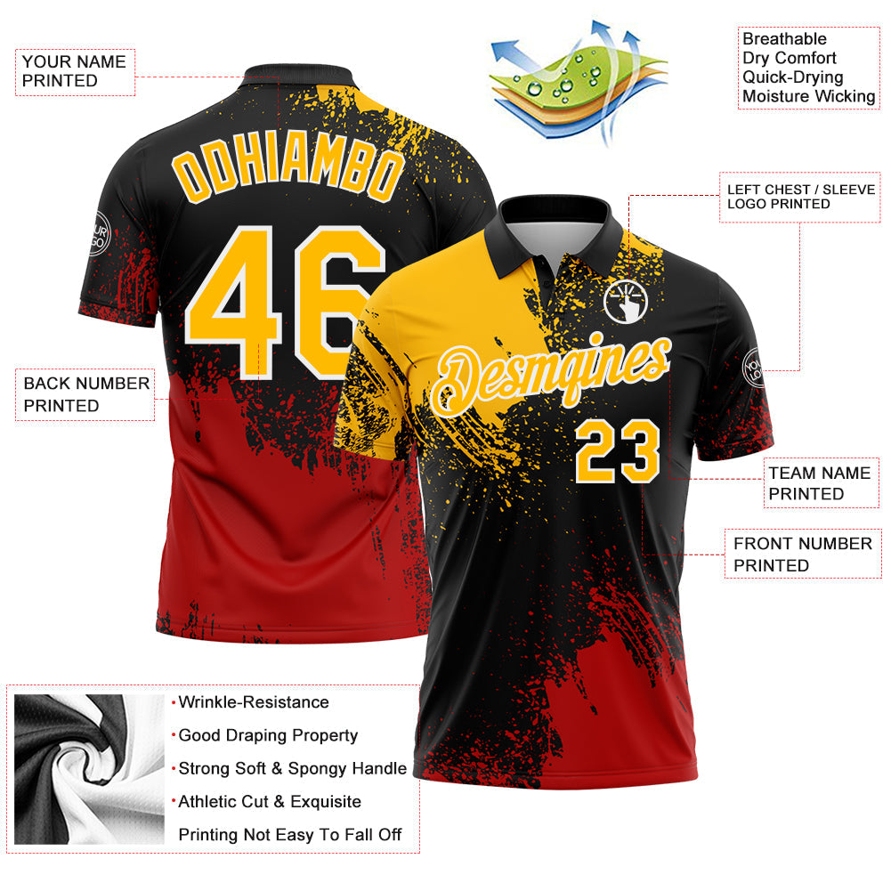 Custom Gold Black-Red 3D Pattern Design Abstract Brush Stroke Performance Polo Shirt view 3