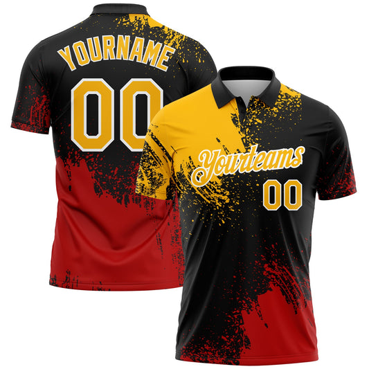 Custom Gold Black-Red 3D Pattern Design Abstract Brush Stroke Performance Polo Shirt - Main View