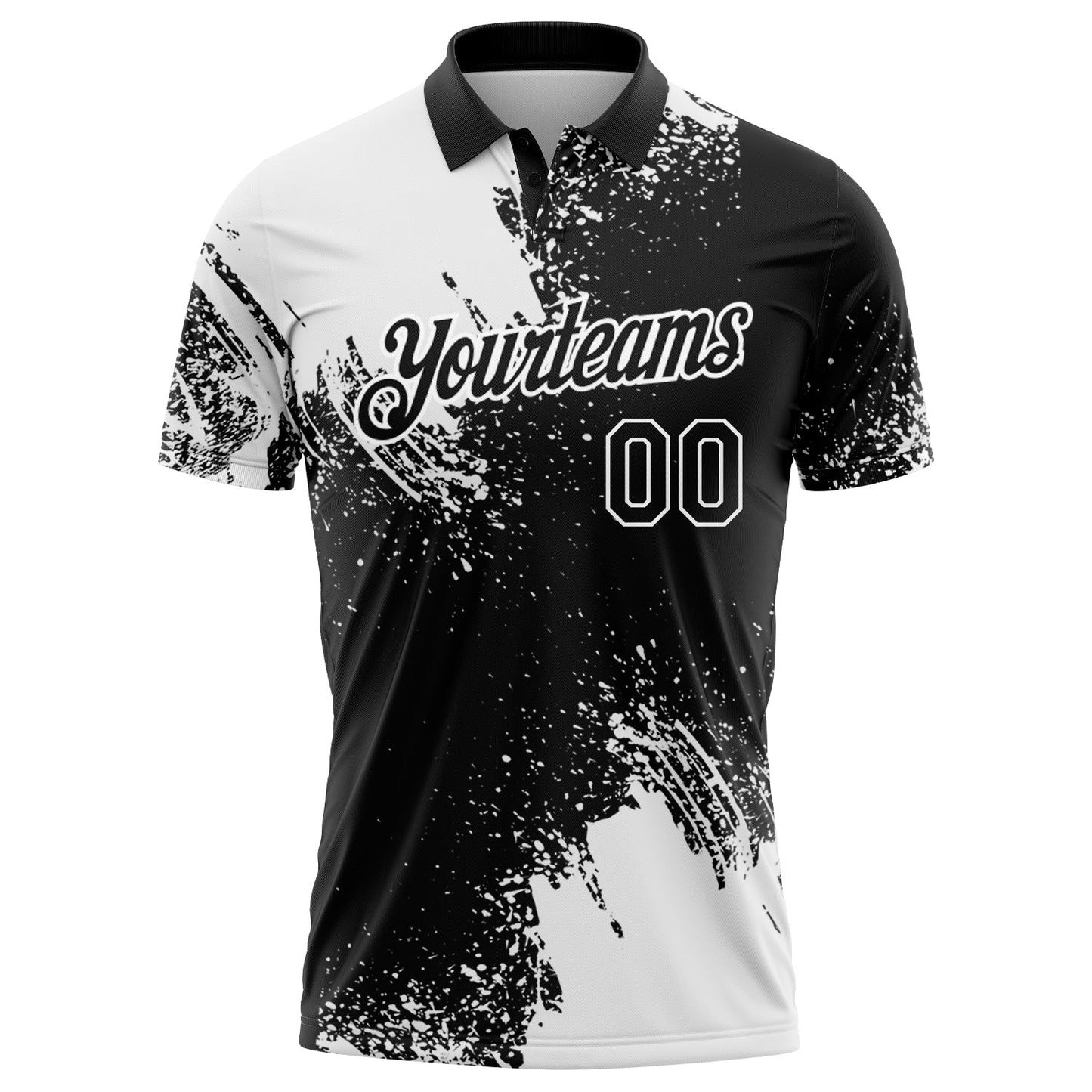 Custom White Black 3D Pattern Design Abstract Brush Stroke Performance Polo Shirt view 2