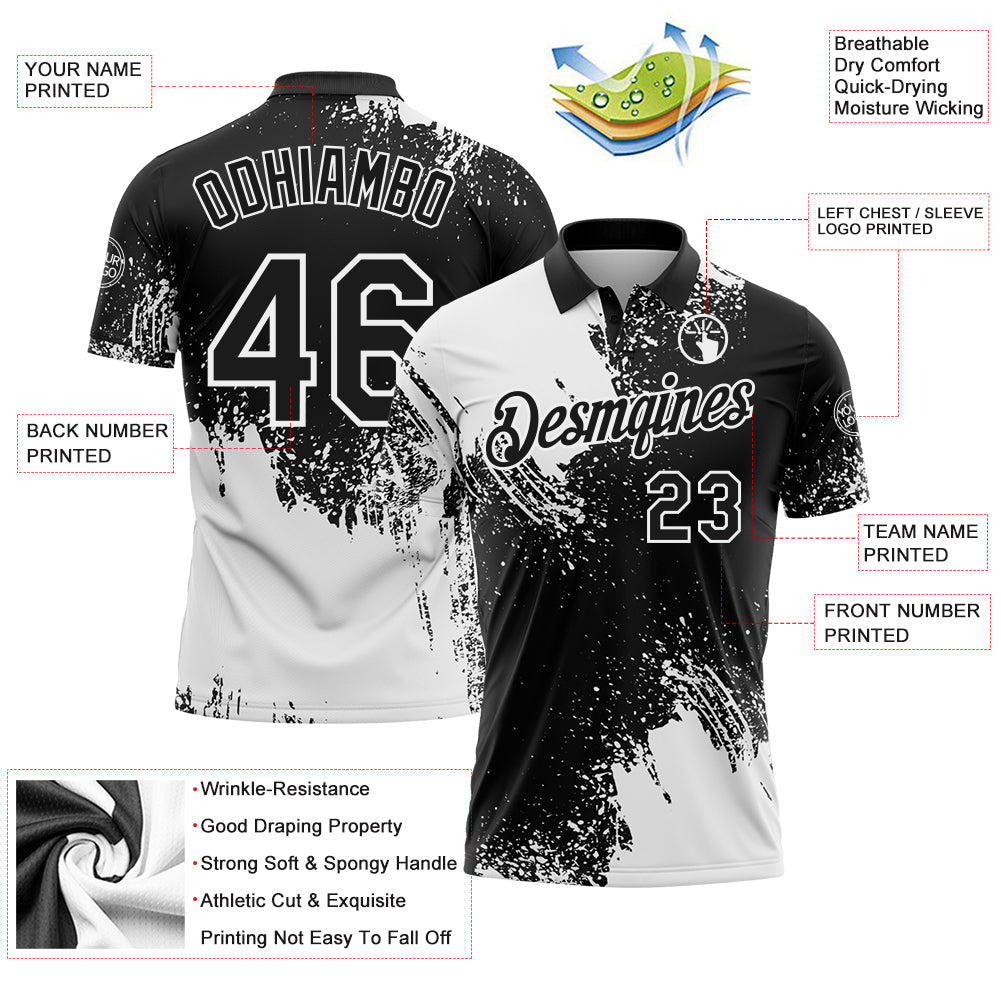 Custom White Black 3D Pattern Design Abstract Brush Stroke Performance Polo Shirt view 3