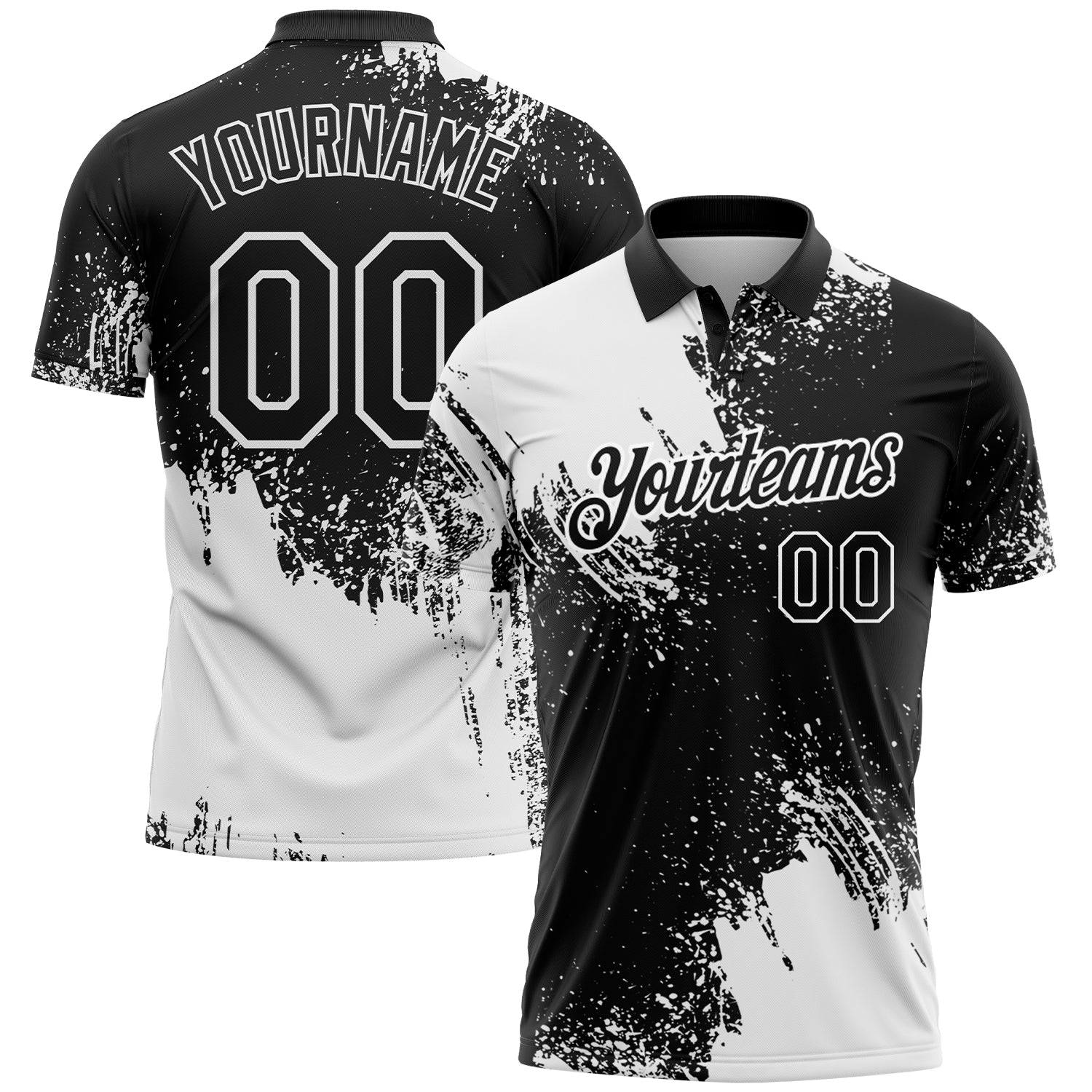 Custom White Black 3D Pattern Design Abstract Brush Stroke Performance Polo Shirt - Main View