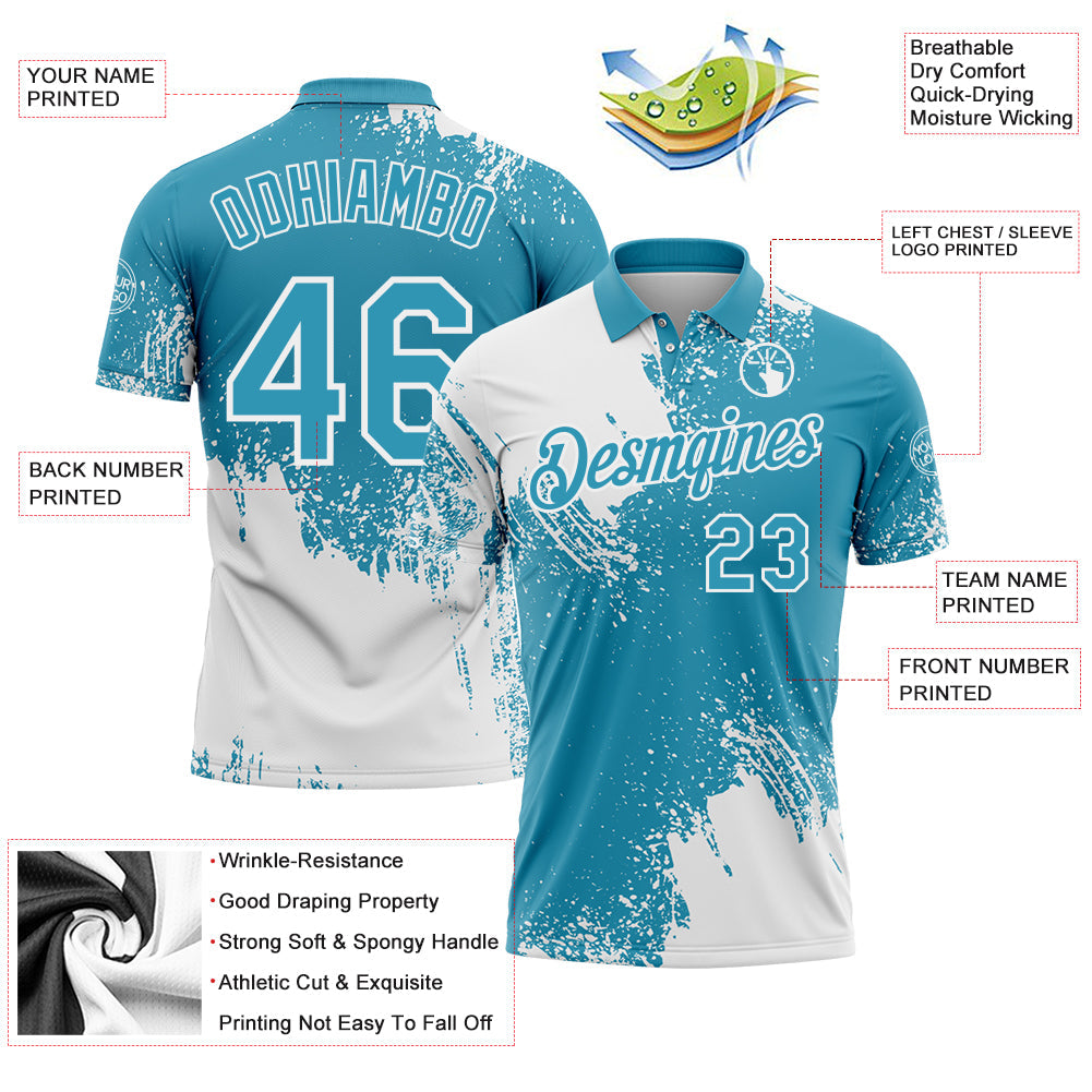 Custom White Panther Blue 3D Pattern Design Abstract Brush Stroke Performance Polo Shirt view 3