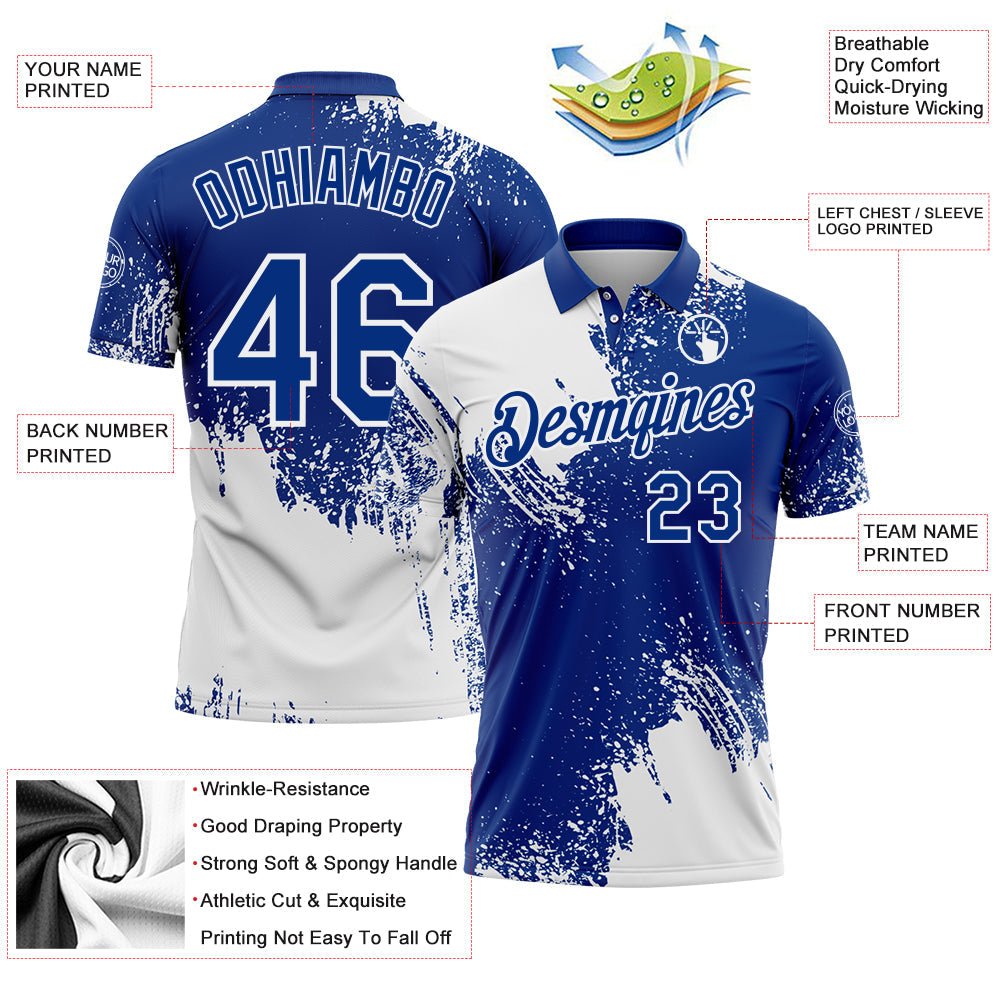 Custom White Royal 3D Pattern Design Abstract Brush Stroke Performance Polo Shirt view 4
