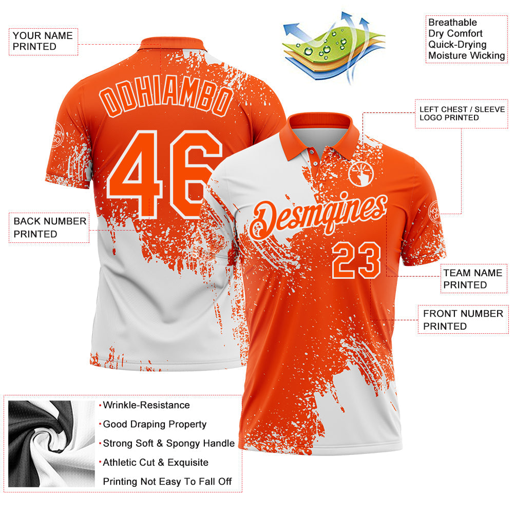 Custom White Orange 3D Pattern Design Abstract Brush Stroke Performance Polo Shirt view 3