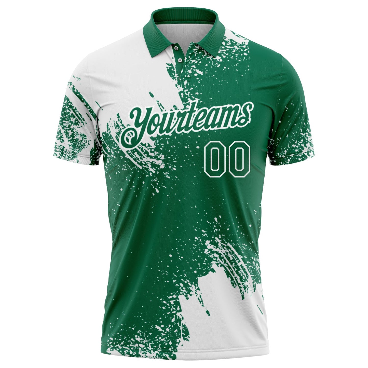 Custom White Kelly Green 3D Pattern Design Abstract Brush Stroke Performance Polo Shirt view 2