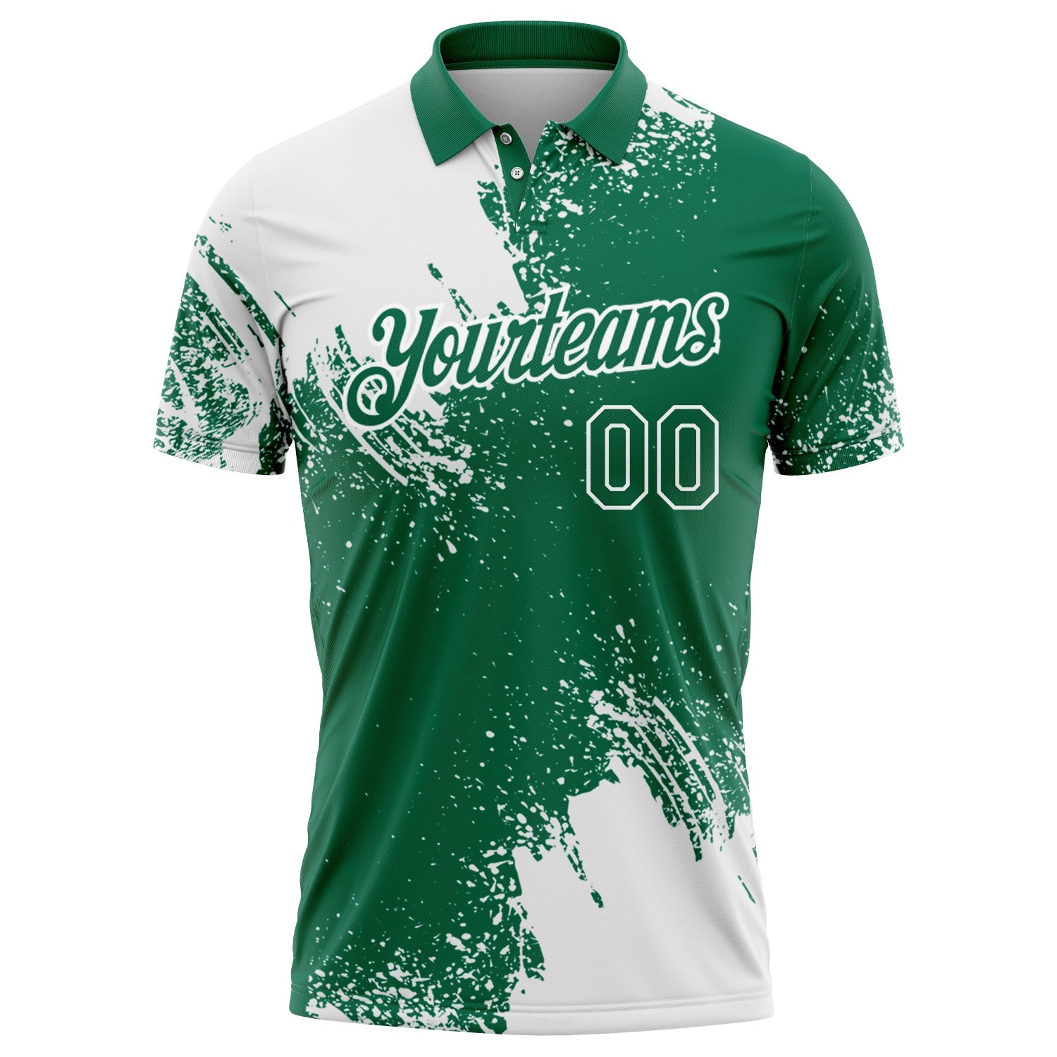 Custom White Kelly Green 3D Pattern Design Abstract Brush Stroke Performance Polo Shirt view 2