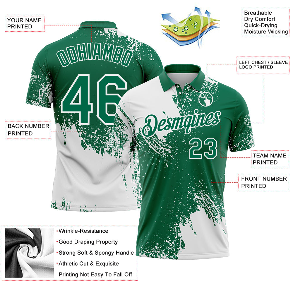 Custom White Kelly Green 3D Pattern Design Abstract Brush Stroke Performance Polo Shirt view 3