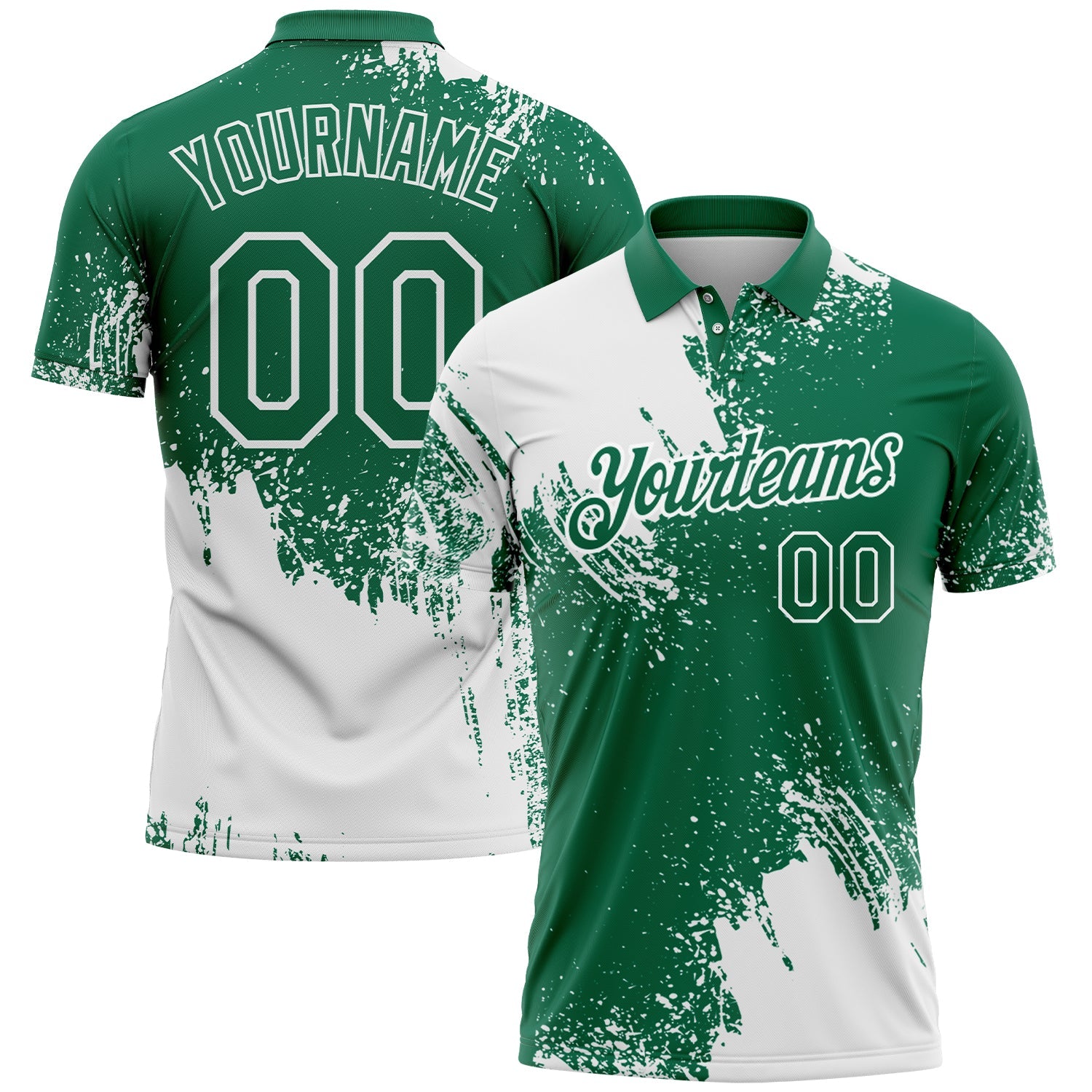 Custom White Kelly Green 3D Pattern Design Abstract Brush Stroke Performance Polo Shirt - Main View