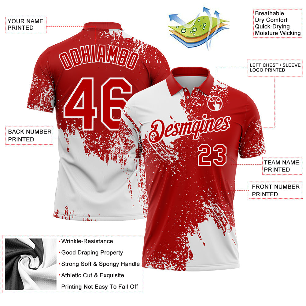 Custom White Red 3D Pattern Design Abstract Brush Stroke Performance Polo Shirt view 3