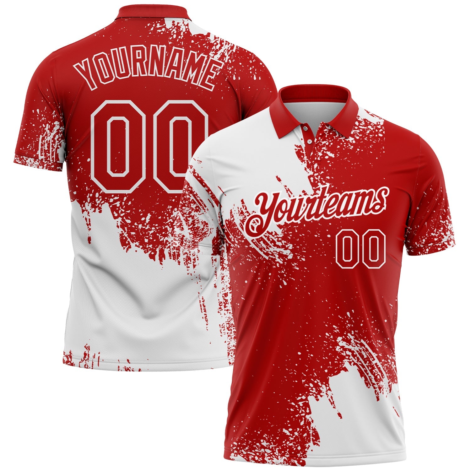 Custom White Red 3D Pattern Design Abstract Brush Stroke Performance Polo Shirt - Main View