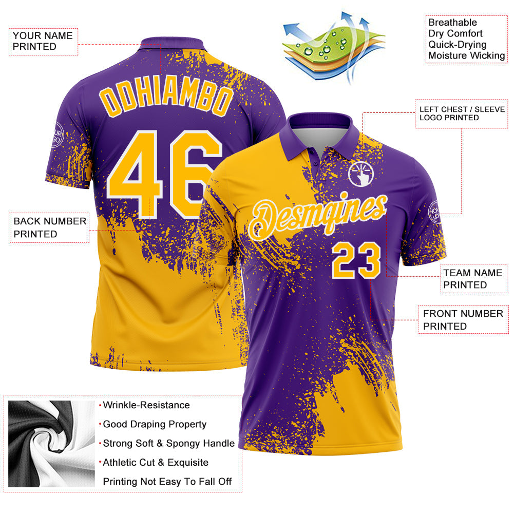 Custom Gold Purple-White 3D Pattern Design Abstract Brush Stroke Performance Polo Shirt view 3
