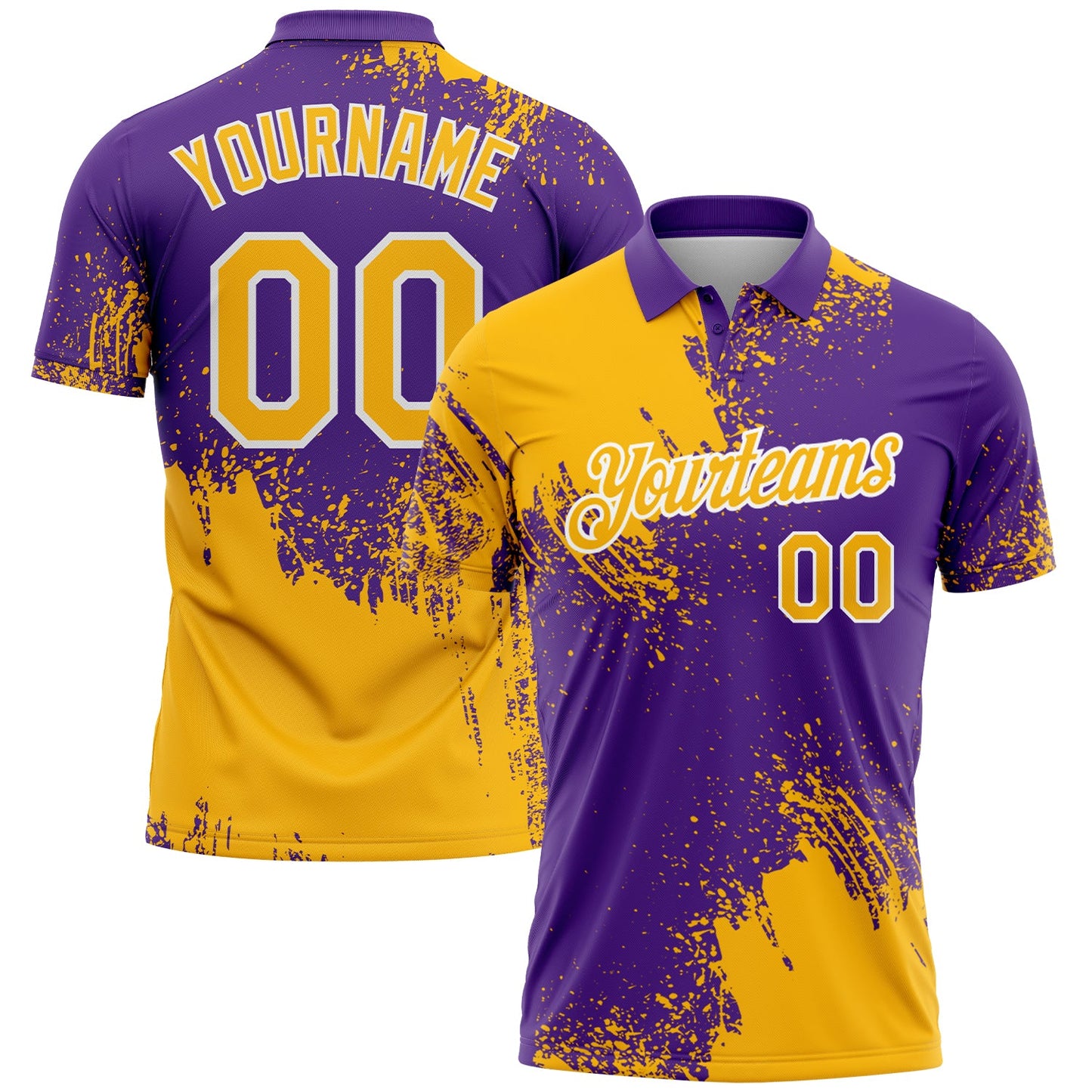 Custom Gold Purple-White 3D Pattern Design Abstract Brush Stroke Performance Polo Shirt - Main View
