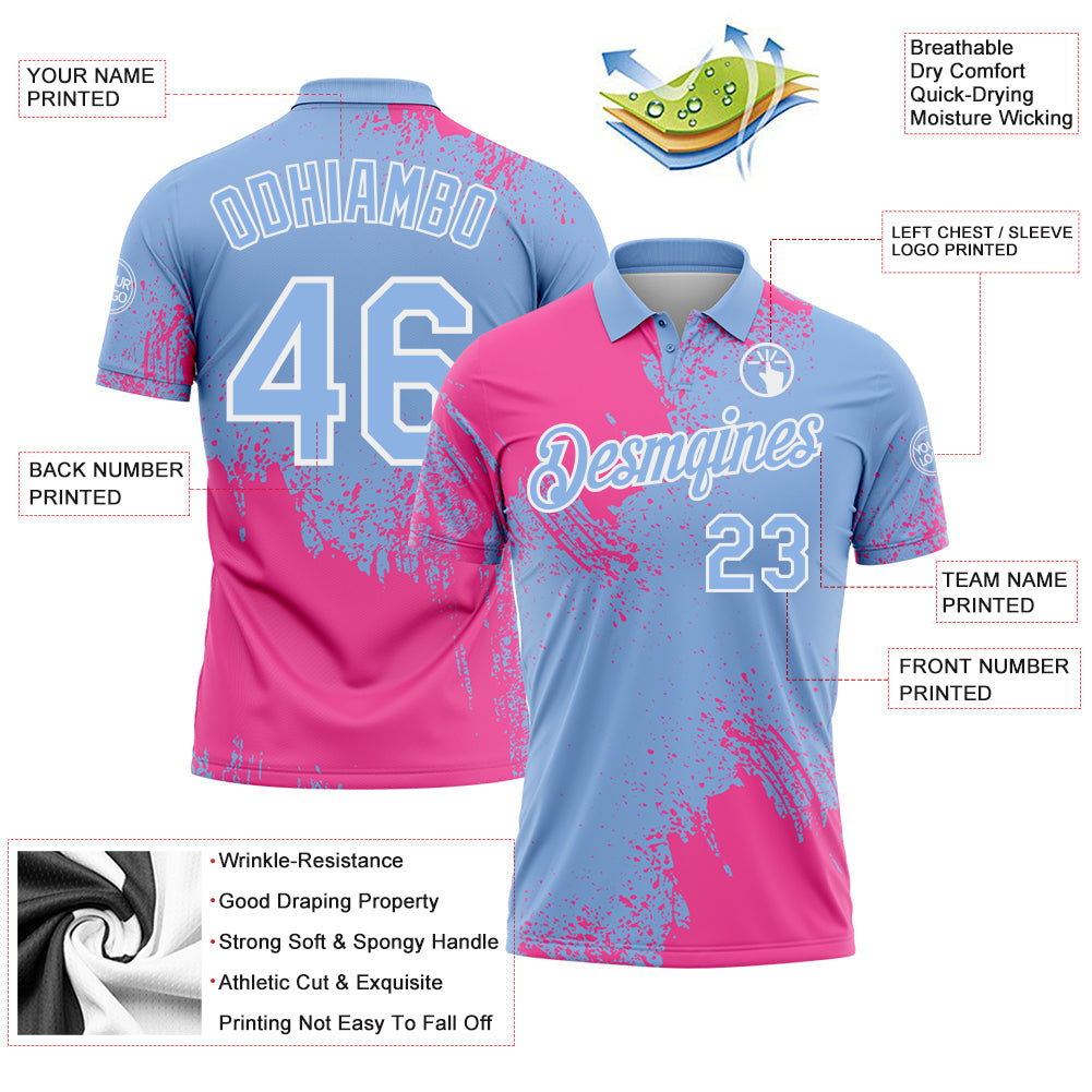 Custom Pink Light Blue-White 3D Pattern Design Abstract Brush Stroke Performance Polo Shirt view 3