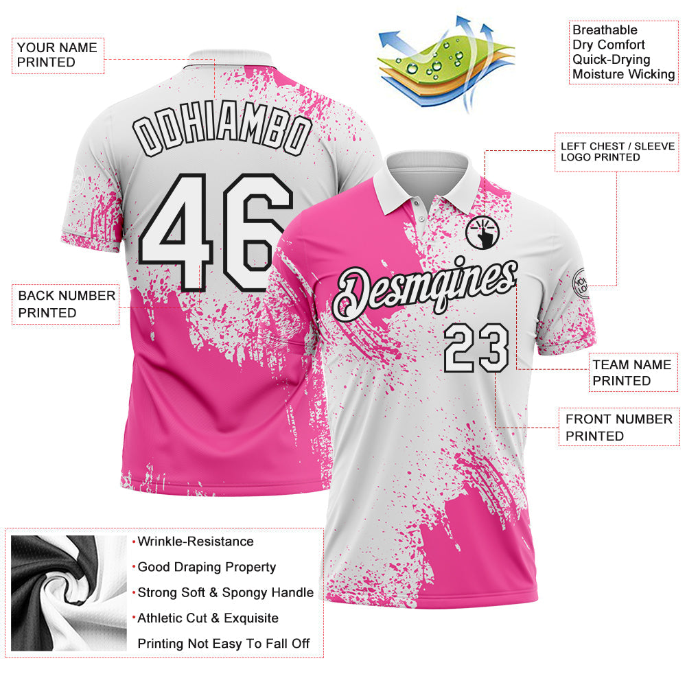 Custom Pink White-Black 3D Pattern Design Abstract Brush Stroke Performance Polo Shirt view 3