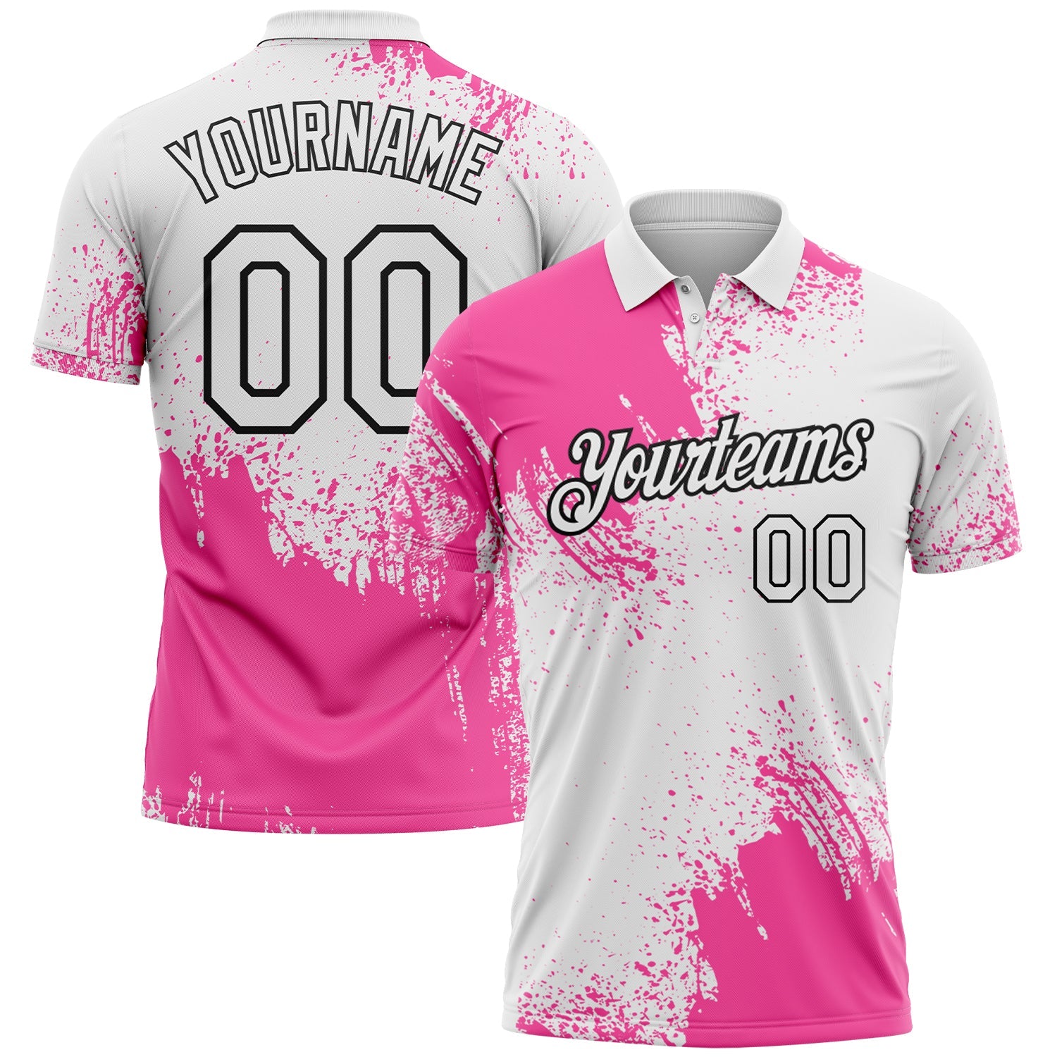 Custom Pink White-Black 3D Pattern Design Abstract Brush Stroke Performance Polo Shirt - Main View