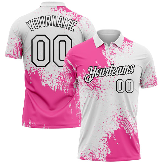 Custom Pink White-Black 3D Pattern Design Abstract Brush Stroke Performance Polo Shirt - Main View