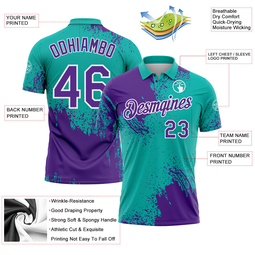Custom Purple Aqua-White 3D Pattern Design Abstract Brush Stroke Performance Polo Shirt view 3