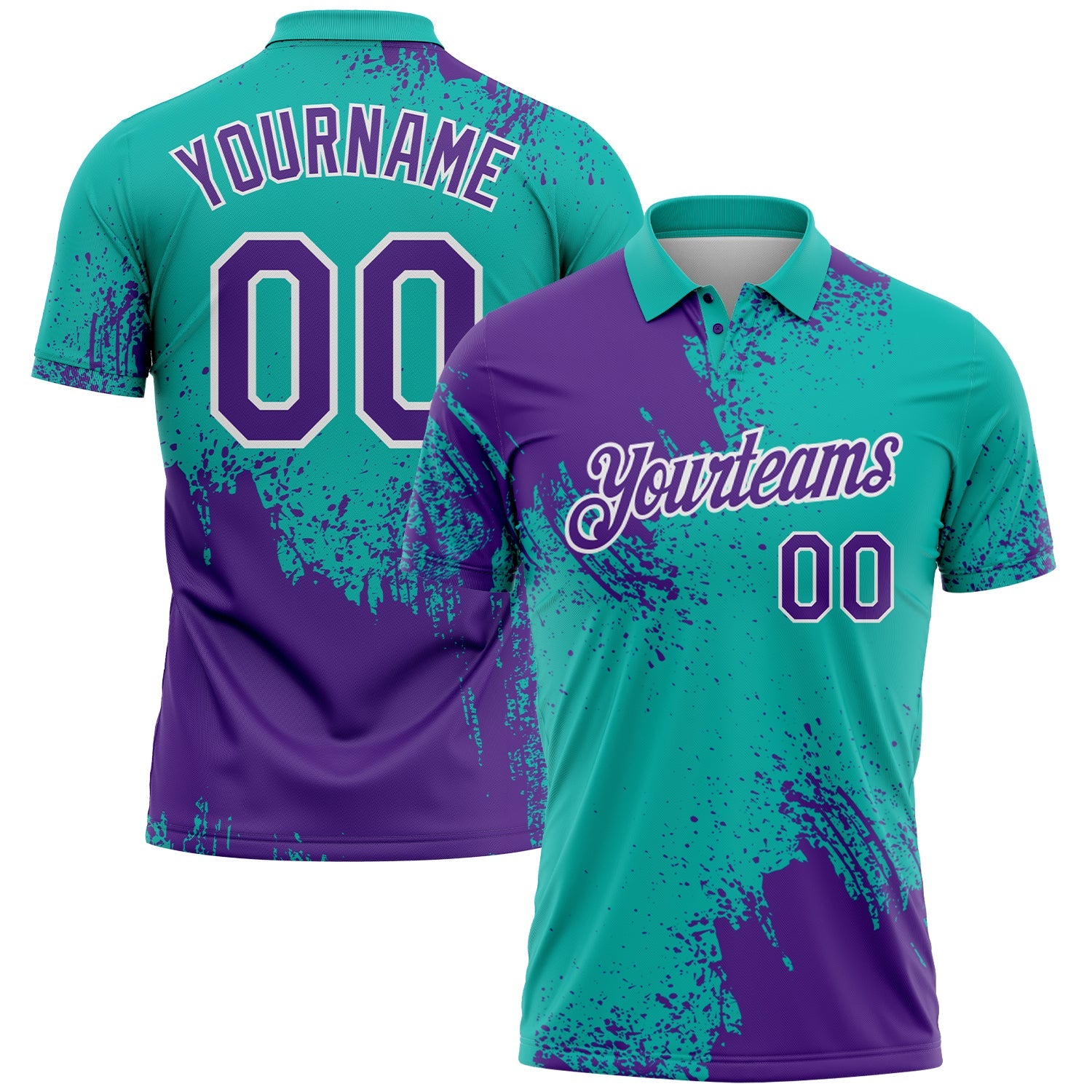 Custom Purple Aqua-White 3D Pattern Design Abstract Brush Stroke Performance Polo Shirt - Main View