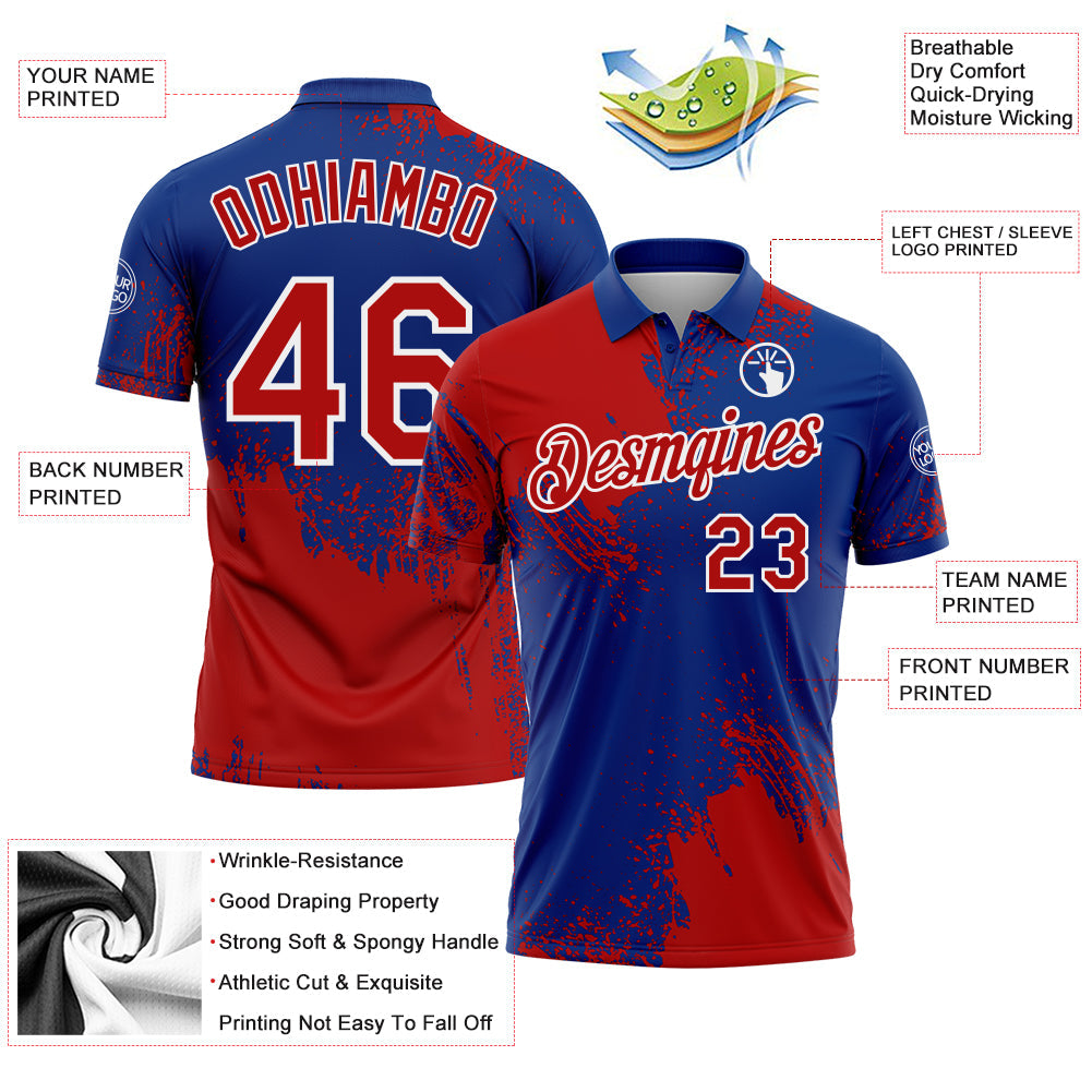 Custom Red Royal-White 3D Pattern Design Abstract Brush Stroke Performance Polo Shirt view 3