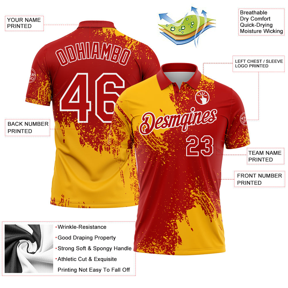 Custom Gold Red-White 3D Pattern Design Abstract Brush Stroke Performance Polo Shirt view 3