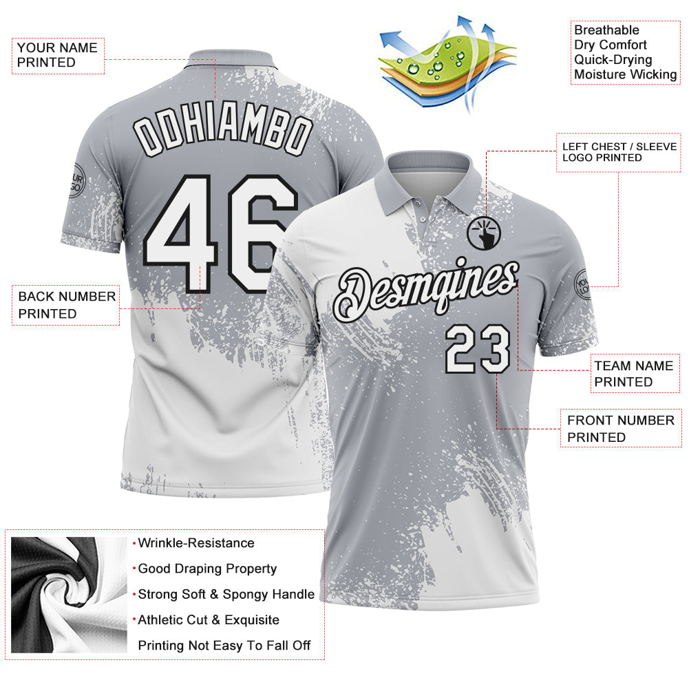 Custom White Gray-Black 3D Pattern Design Abstract Brush Stroke Performance Polo Shirt view 3
