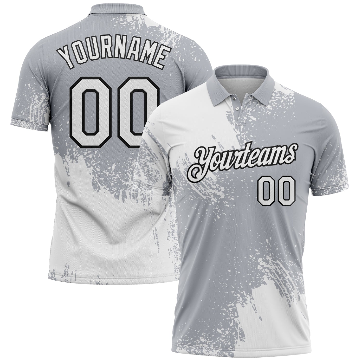 Custom White Gray-Black 3D Pattern Design Abstract Brush Stroke Performance Polo Shirt - Main View