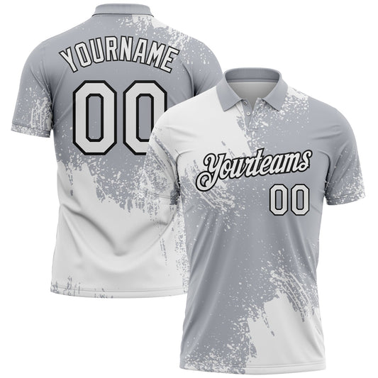 Custom White Gray-Black 3D Pattern Design Abstract Brush Stroke Performance Polo Shirt - Main View
