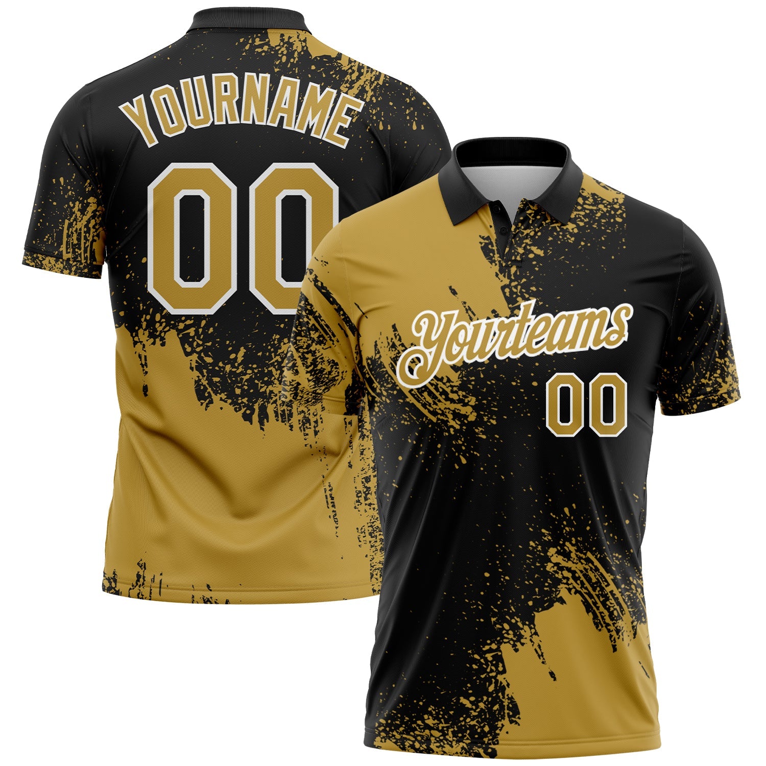 Custom Old Gold Black-White 3D Pattern Design Abstract Brush Stroke Performance Polo Shirt - Main View